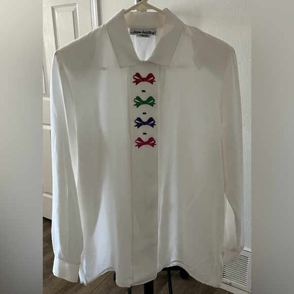 Vintage Joan Walters White Long Sleeve Blouse with Embroidered Bows Women’s M - Picture 1 of 4